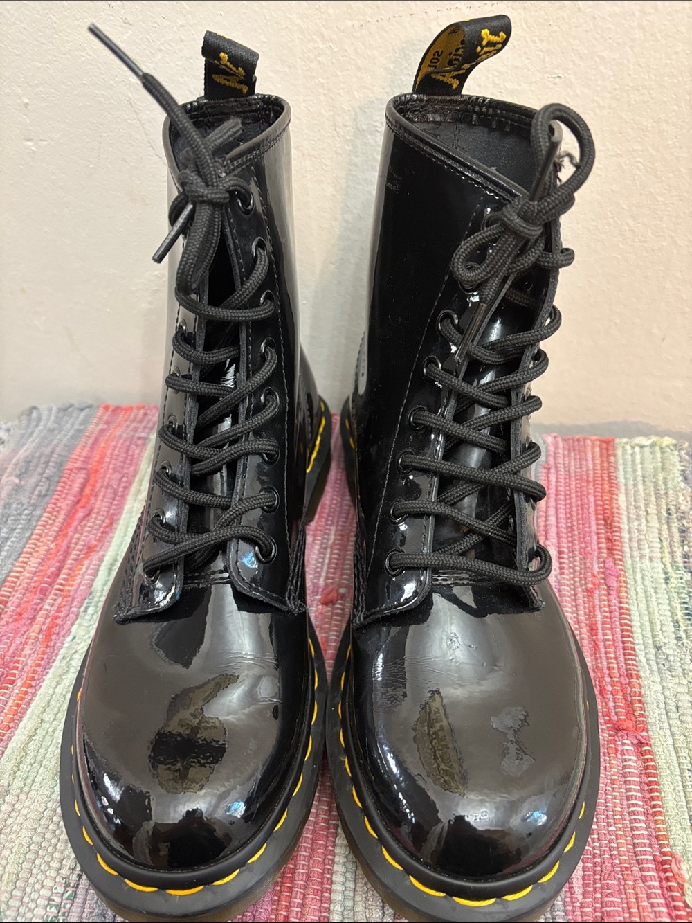 Dr. Martens Black Patent Boots with Yellow Stitching sz 7